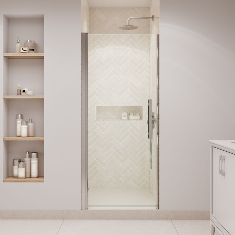 OVE Decors Pasadena 31 5/8 To 33 In. W X 72 In. H Alcove Frameless Pivot Shower Door In Brushed Gold, 2025, Satin Nickel