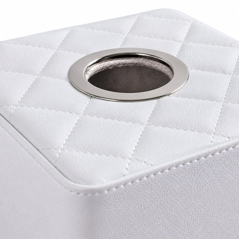 White Tufted Leather & Steel Tissue Box Cover