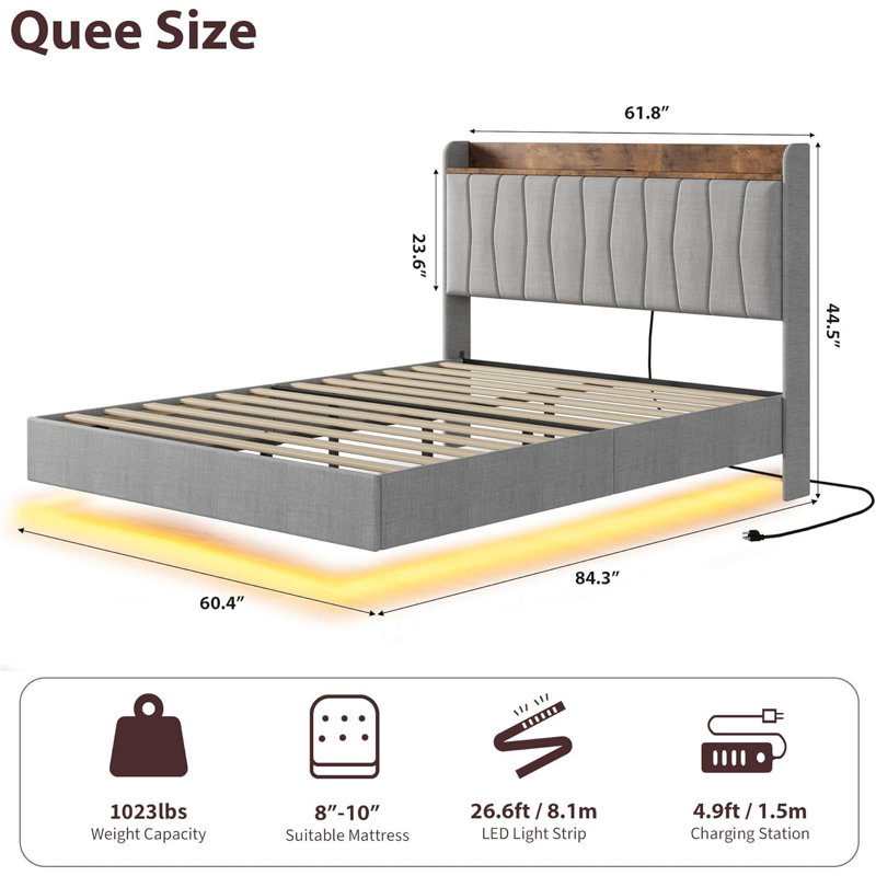 Structure de lit flottant double / grand / très grand avec lumières et tête de lit avec rangement, lit plateforme double / grand / très grand en métal avec station de charge