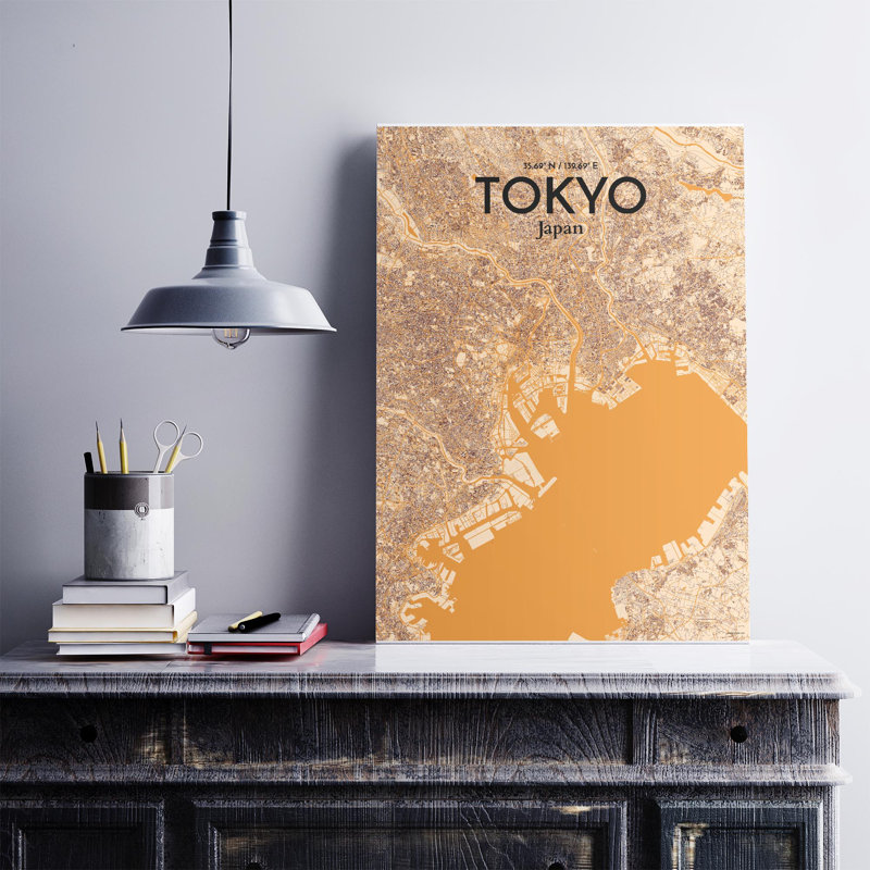 Carte de la ville de Tokyo, impression, Orange / or pâle, H 27,6 po x l 19,7 po
