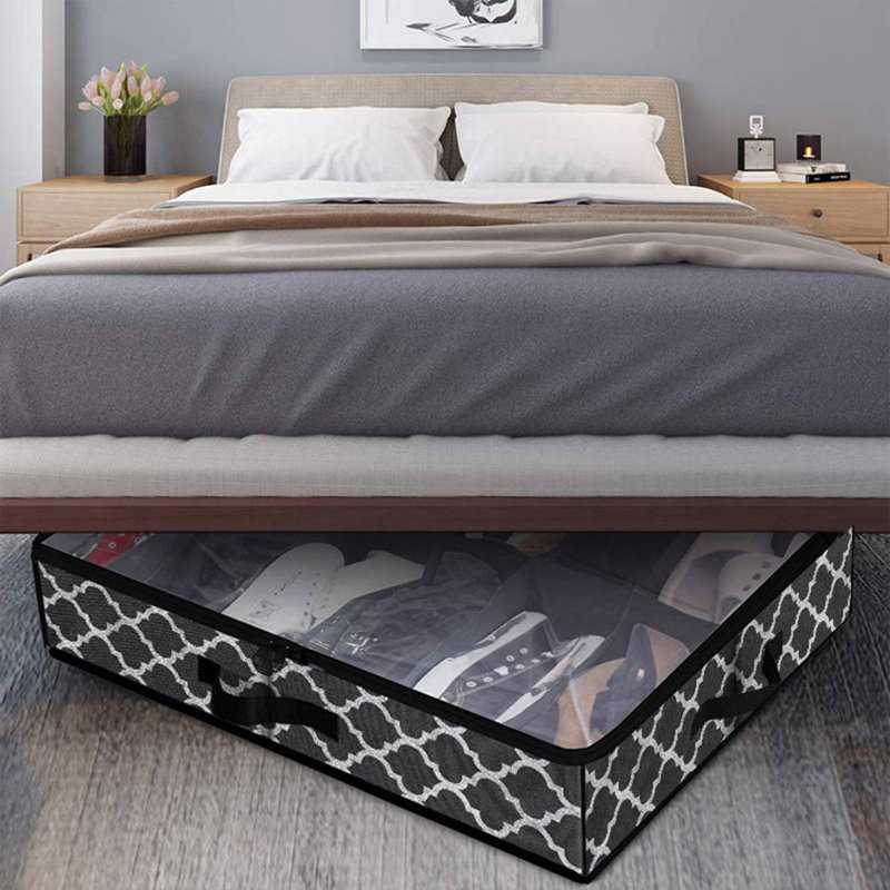 Under Bed Shoe Storage Bag Storage Box Under Bed Drawer Storage Box Non-woven Material Space Saving Foldable Design, Black