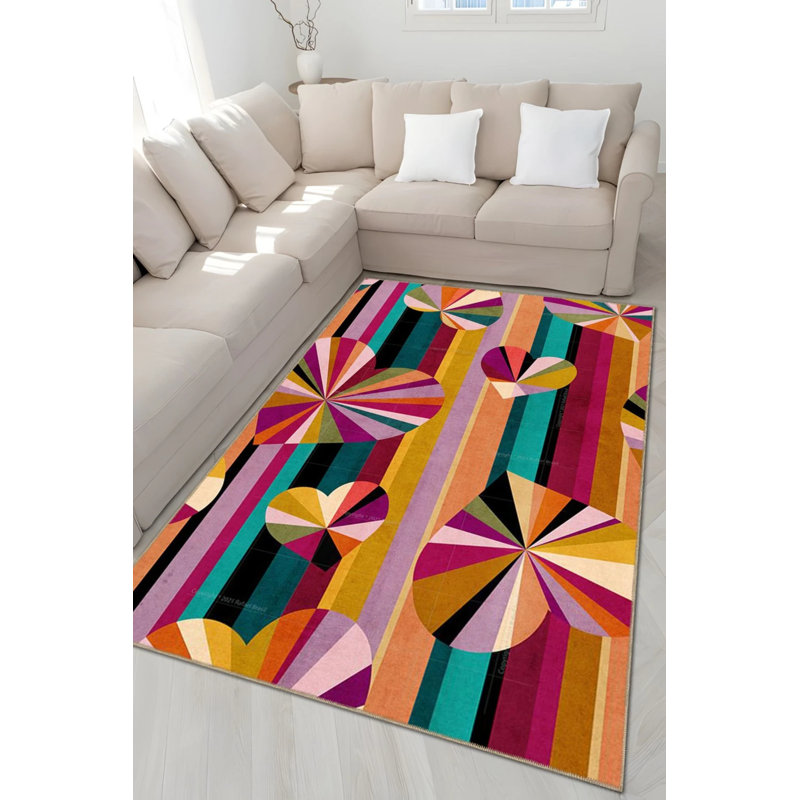 Creative Modern Decorative Carpet With Multicolored Heart And Geometric Patterns, Round 3'4"
