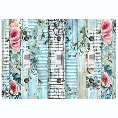Rose Flower Blue Wood Fence Nature Themed 3 - Gang Toggle Light Switch Standard Wall Plate