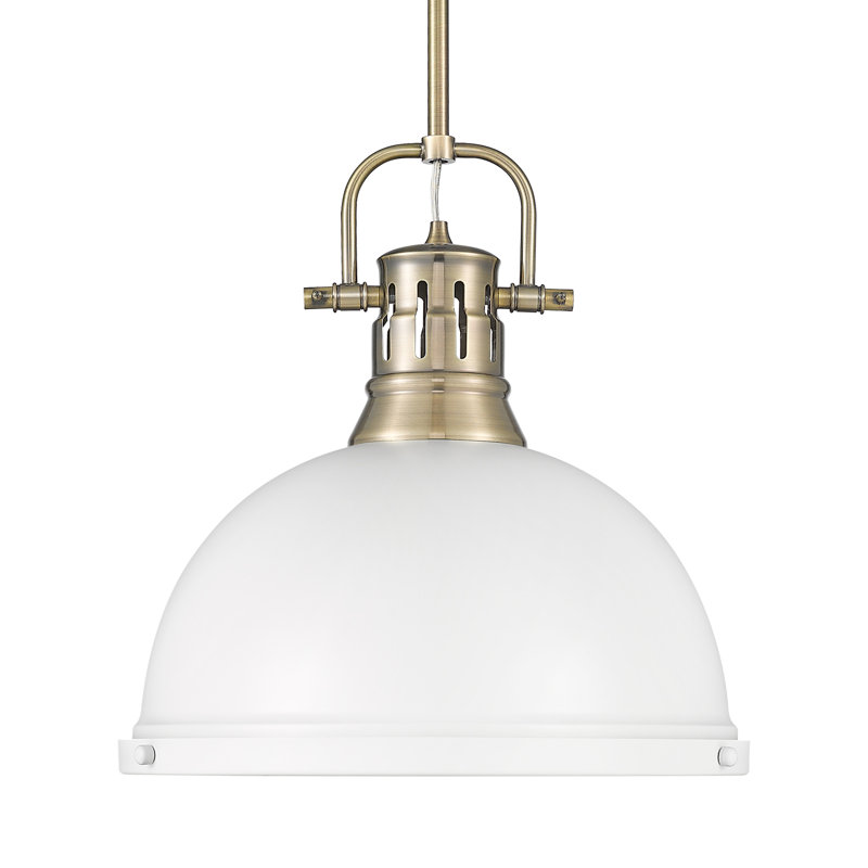 Luminaire suspendu 1 lumière avec tige Bryceton, Laiton vieilli, Blanc mat