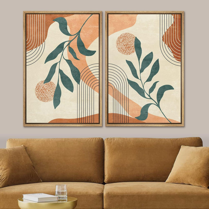 Arbre de style Mid-Century, plante, paysage, formes abstraites, art moderne, décoration murale bohème, 2 pièces, Naturel