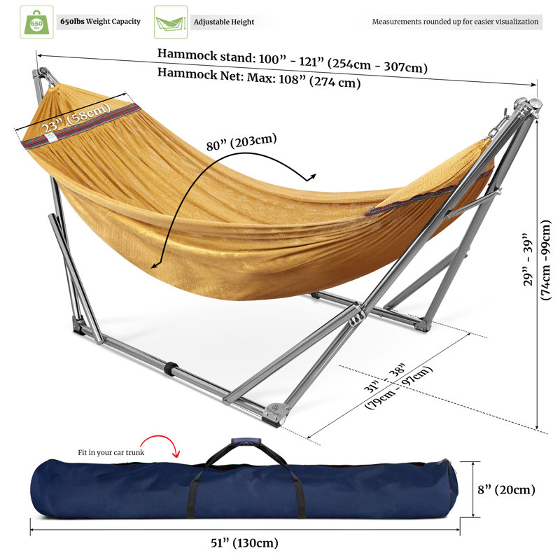 Hamac double avec support Capacité de 650 lb Hamac double avec barre d'écartement, acier inoxydable de qualité supérieure 201, installation des années 30, support de hamac flexible et portable, intérieur extérieur, jaune