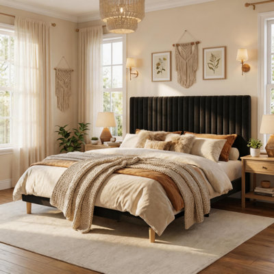 King Bed Frame with Adjustable Headboard, Velvet Upholstered Platform King Size Bed Frame, Vertical Channel Tufted, Strong Wooden Slats, No Box Spring Needed, Easy Assembly, Black