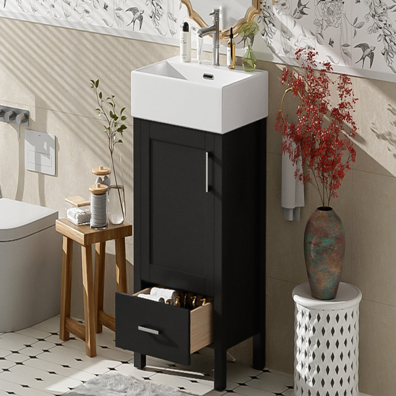 20.28'' Modern Bathroom Vanity with Ceramic Sink, Solid Wood Frame, and Drawer for Small Bathrooms, Black