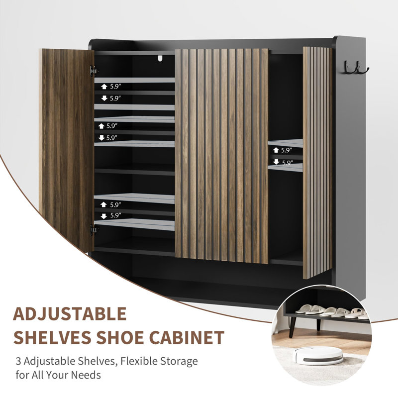 Ensemble de 2 armoires à chaussures 3 portes modernes, rangement à 6 niveaux avec tablettes réglables, conception sans poignée et crochets latéraux pour le couloir, le salon, noir