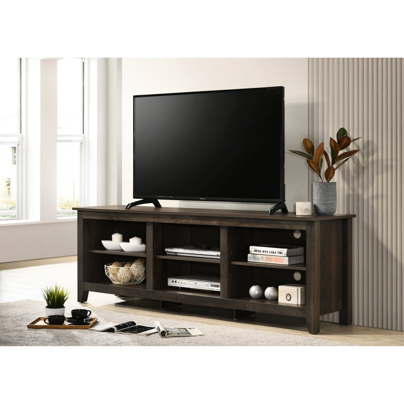 Meuble télé pour téléviseur de 70 à 79 po, brun foncé, conception à tablette ouverte, pieds multiples, 6 découpes de gestion des câbles, tablettes réglables, hauteur des pieds 2,75 po, épaisseur du plateau de table de 0,59 po, panneau de particules