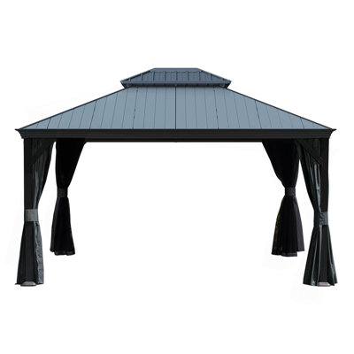 12'x14' Hardtop Gazebo with Resin Roof, Outdoor Metal Gazebo with Drainage Gutters, Permanent Heavy Duty Pavilion for Patio, Backyard and Deck, Curtains and Mosquito Netting Included