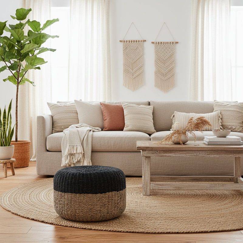  Chula 18" Wide Round Twisted Seagrass Pouf Ottoman, Black/Brown