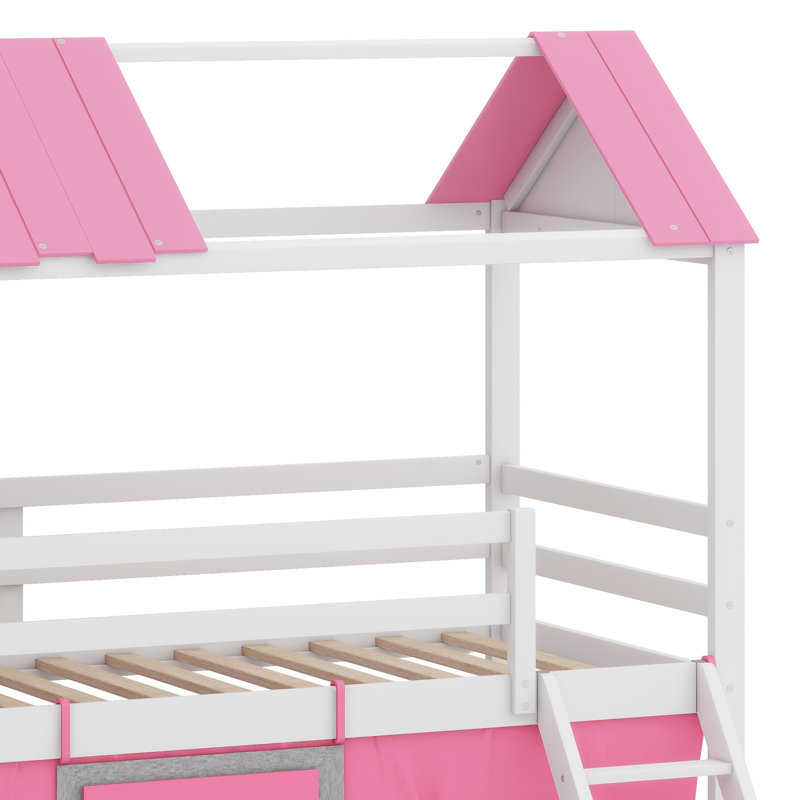 Bunk Wood House Bed With Elegant Windows, Pink/White