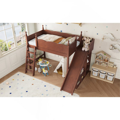 Lit mezzanine simple avec tablettes de rangement et garde-robe, lits mezzanine en bois massif avec glissière amovible et échelles, aucune boîte à ressorts nécessaire