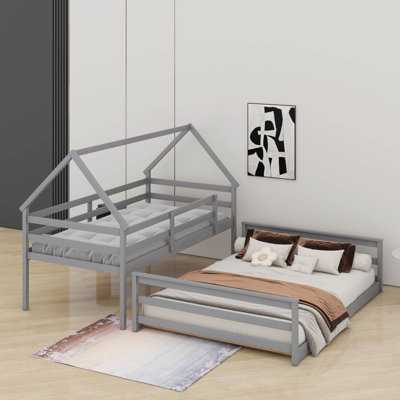 Wood House Bunk Bed With Built In Ladder, Solid Wood Bunk Bed Frame With Safety Guardrails, House Bunk Bed Frame