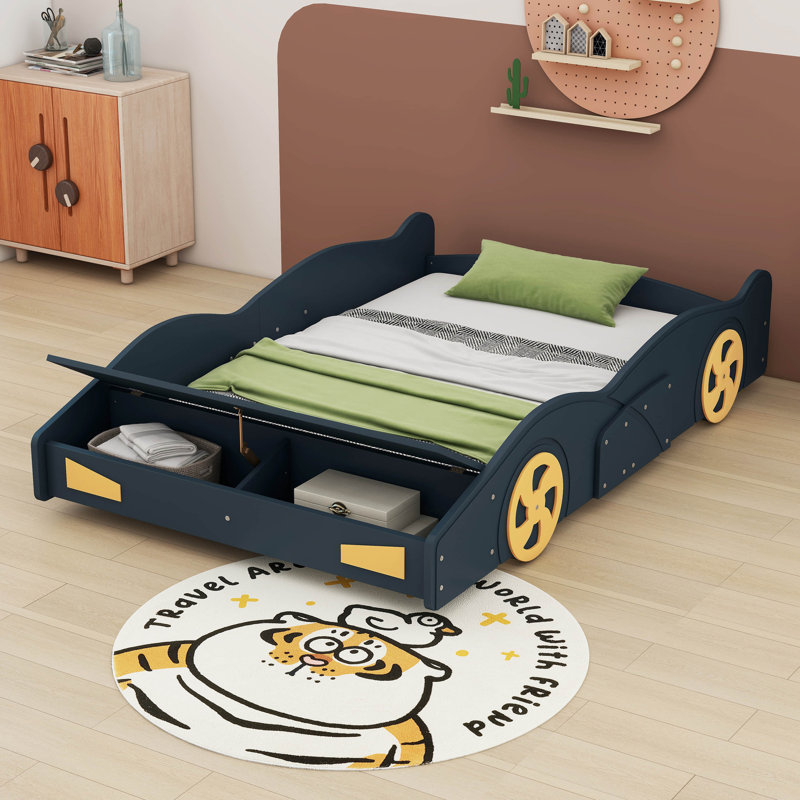 Shanlee Full Size Race Car-Shaped Platform Bed, Dark Blue/Yellow