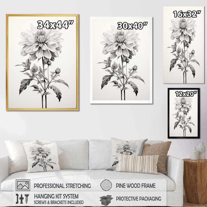 «Black and White Vibrant Dahlia Delight», reproduction sur toile, H 32 po x l 16 po x P 1 po, Cadre doré simple