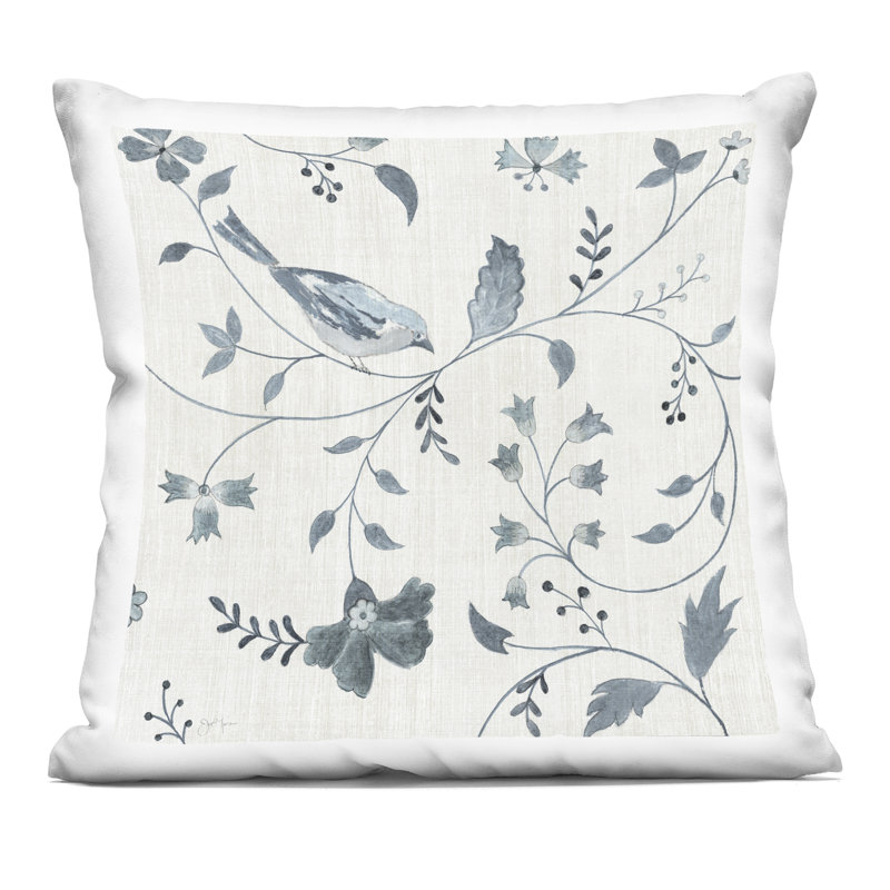 Coussin décoratif à motif de fleurs et d'oiseaux perchés, imprimé par Janet Tava