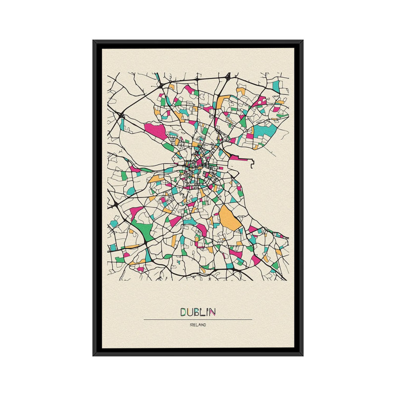 Dublin, Ireland Map by Ayse Deniz Akerman - Floater Frame Print on Canvas, Black Floater Framed, 101.6 cm H x 66.04 cm W