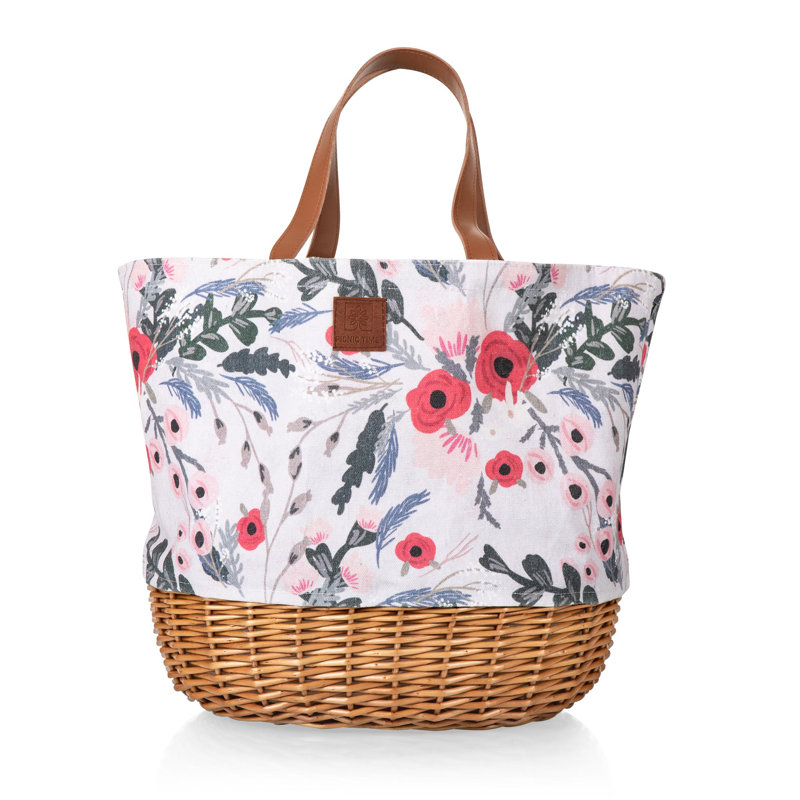 Floral Canvas and Willow Picnic Basket with Leatherette Strap