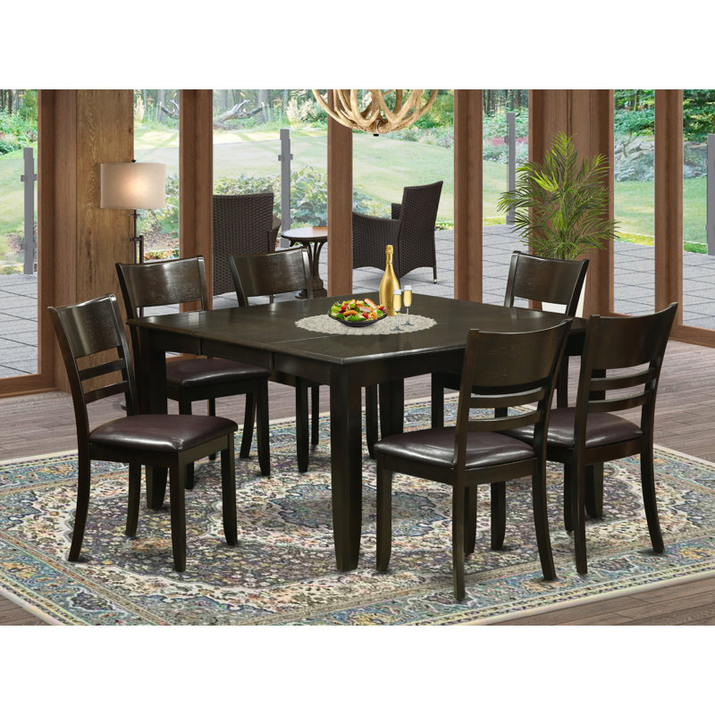 7 Piece Kitchen Table & Chairs Set Consist of a Square Dining Table with Butterfly Leaf and 6 Faux Leather Dining Room Chairs, Cappuccino