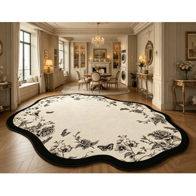 Floral Irregular Faux Wool Area Rug with Scalloped Edge, Vintage Black and Cream Living Room Carpet, Soft and Easy-Care Floor Mat for Bedroom