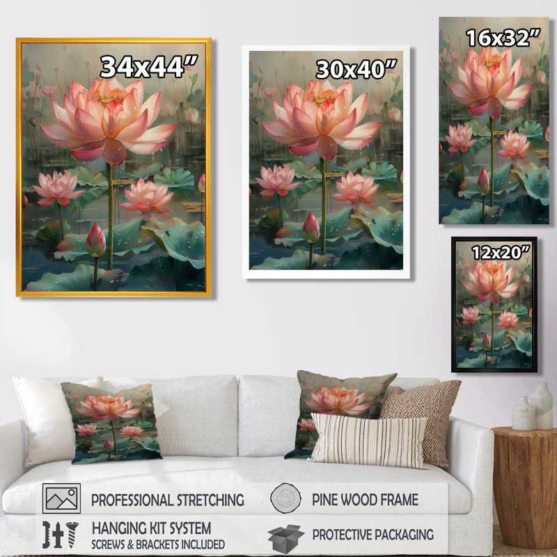 Rose rose vert sacré Bloom S - décoration murale Lotus, H 24 po x l 32 po, Cadre flottant noir