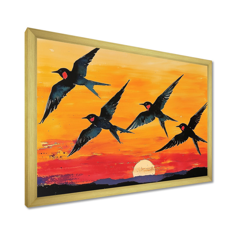 Swallows at Sunset - oiseau, art mural, H 12 po x l 20 po, Cadre simple, Doré
