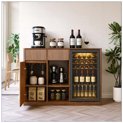 51" Fluted Bar Cabinet with Fridge Space (Fridge Not Included), Modern Coffee Station with Charging Hub & Wine Glass Rack