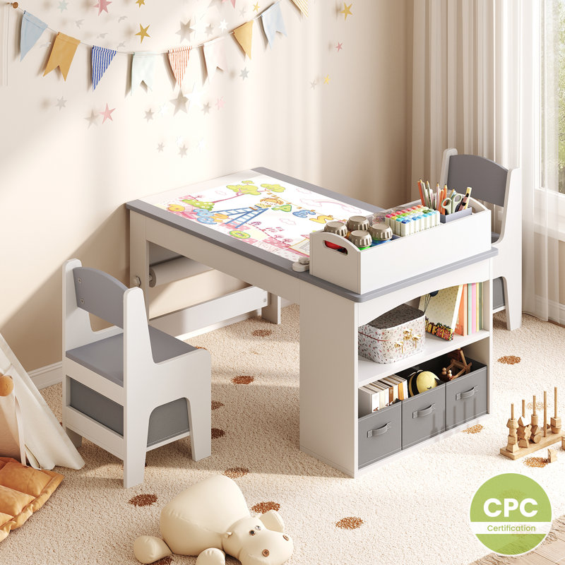 Ensemble de table et de chaises pour enfants, bureau d'activités pour tout-petits avec tablette de table amovible et 5 tiroirs de rangement, tringle à papier et porte-rouleau