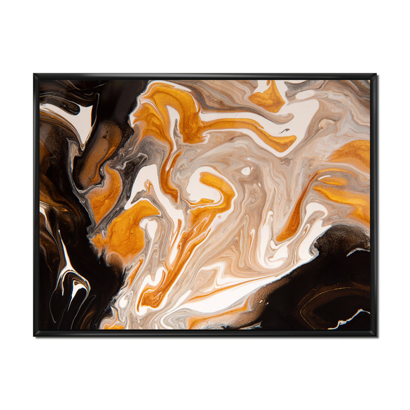 Orange et vagues de marbre noir I - peinture sur toile, H 16 po x l 32 po x P 1 po, Cadre flottant noir