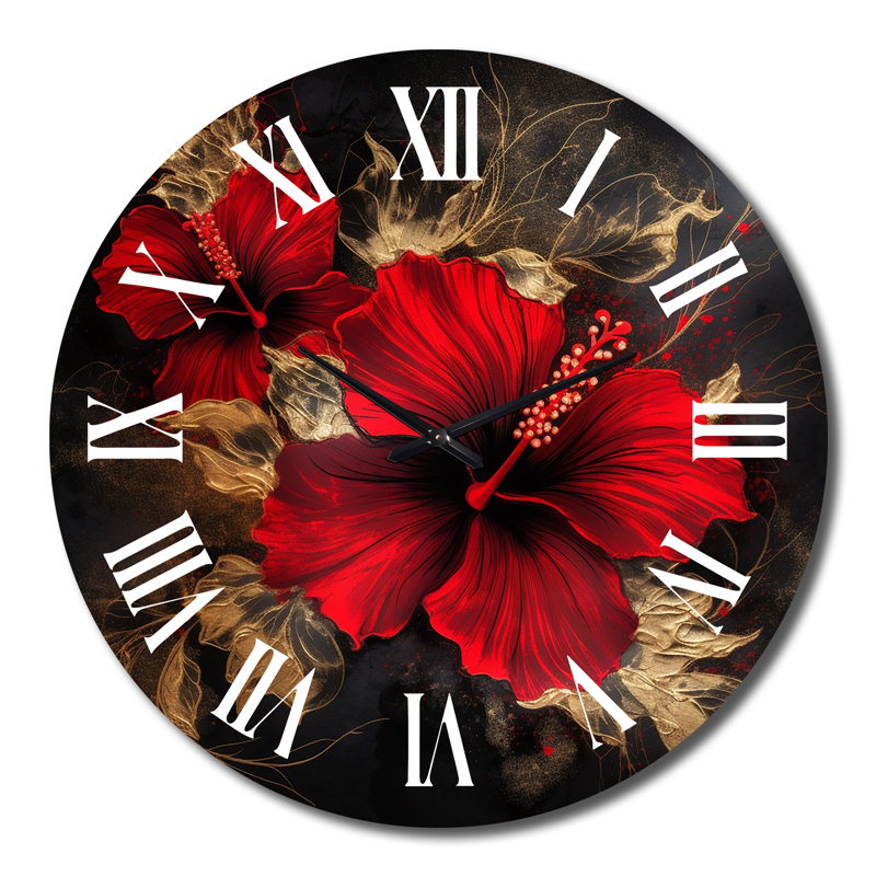 Horloge murale rouge - Hibiscus doré sur fond noir II, Grand
