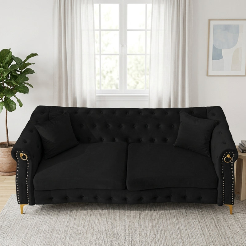 83.5'' Comfort Tufted Velvet Sofa with Wooden Frame, Black