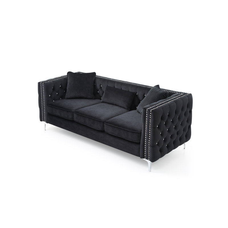 Cannella 86'' Velvet Sofa, Black Velvet