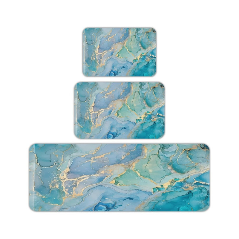 Ensemble de 3 tapis de cuisine en marbre bleu et vert