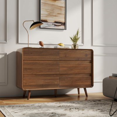 Bedroom Dresser with 6 Drawer, Wood Walnut Modern Dresser, 47.2" W x 15.8" D x 30.7" H