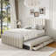 Lit plateforme double tapissier avec lit gigogne simple et 3 tiroirs, tissu en lin-1261768046