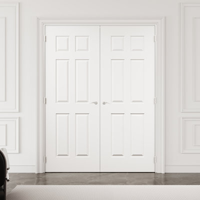 64" x 80" 6-Panel Molded Solid Interior French Door with Silver Hardware & Latch & Door Lever, Solid Core Door Slab, Paintable & Waterproof, Suit for Laundry, Closet Doors, Room Doors, Assembly Required