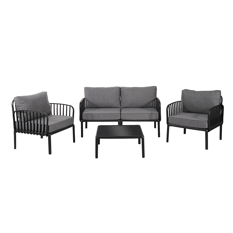 Ensemble de conversation pour patio 5 pièces, 4 pièces: table, causeuse, 2 chaises, Gris foncé, Noir