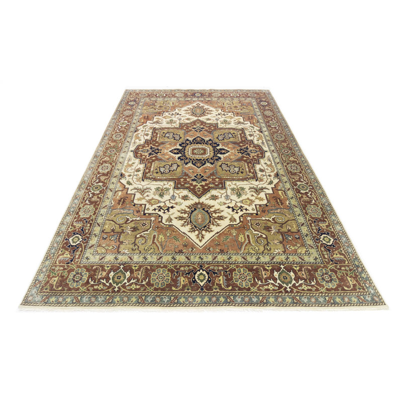 Oriental Handmade Hand-Knotted Rectangle 9'9" x 13'9" Wool Area Rug in Blue/Red/Cream