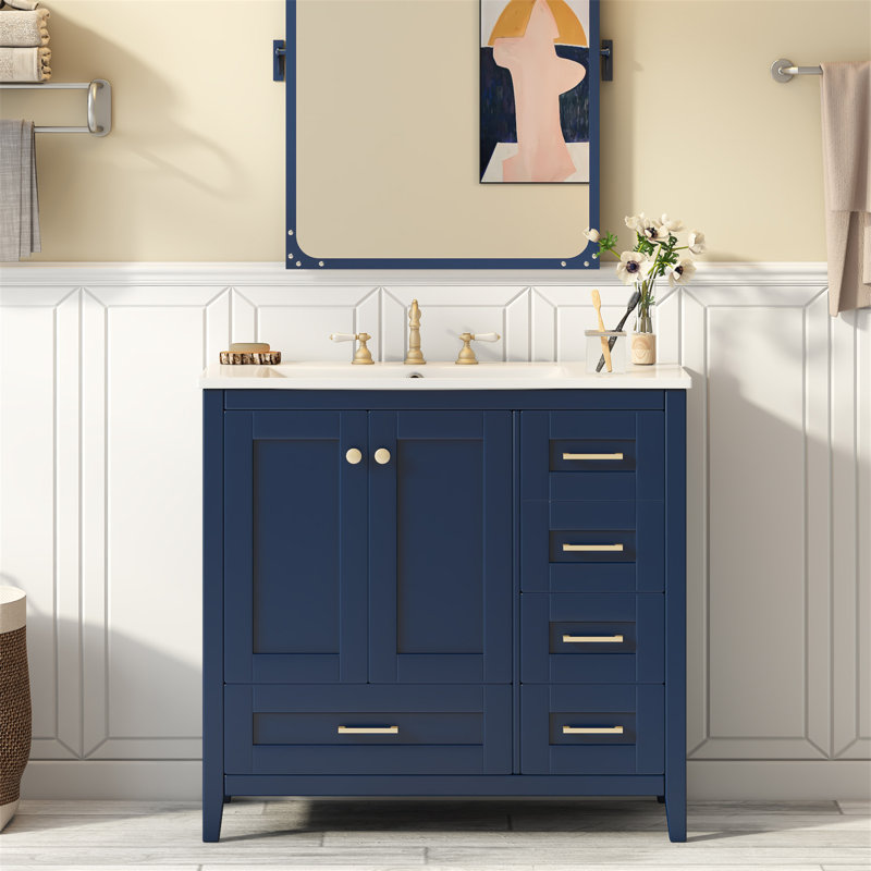Ensemble de meuble-lavabo 36 po avec lavabo 36 po, armoire moderne autoportante en bois avec 4 tiroirs et pieds en bois massif