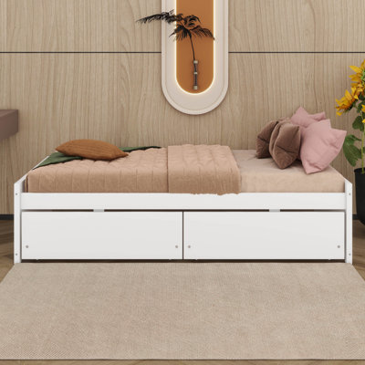 Lit plateforme simple avec rangement, lit de jour en bois d'hévéa massif avec tiroirs de rangement, cadre de lit d'angle, support à lattes en bois
