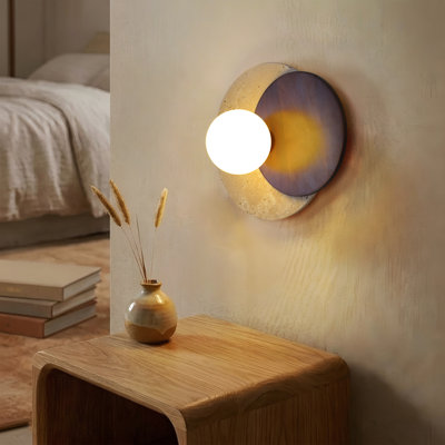 Wabi-Sabi Natural Stone & Walnut Wood Wall Sconce - Organic Travertine Wall Light Fixture with Acrylic Shade for Bedroom, Hallway, and Living Room