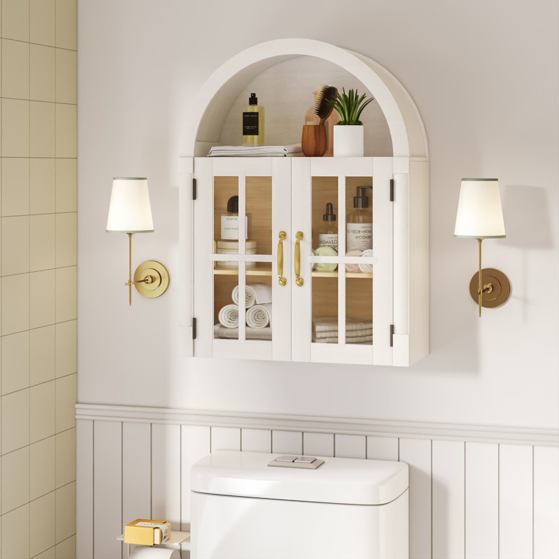 Arched Bathroom Wall Cabinet, Roman Column Design, 28" Wide Over-The-Toilet Medicine Cabinet With Glass Doors,Open Shelf For Bathroom, Laundry, And Kitchen