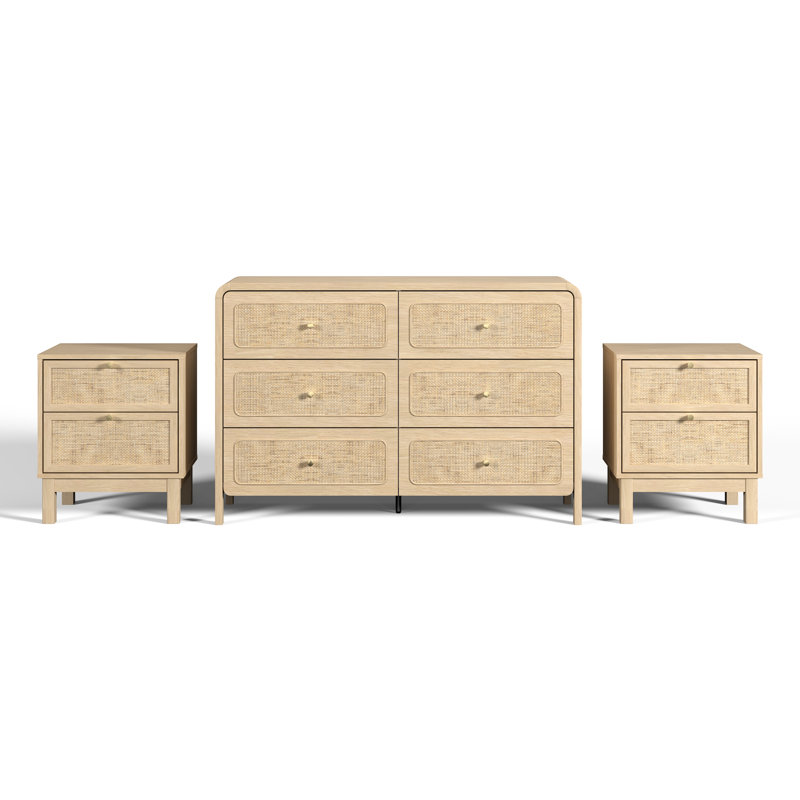 Ensemble de chambre à coucher 3 pièces Boho avec commode 6 tiroirs et deux tables de chevet 2 tiroirs