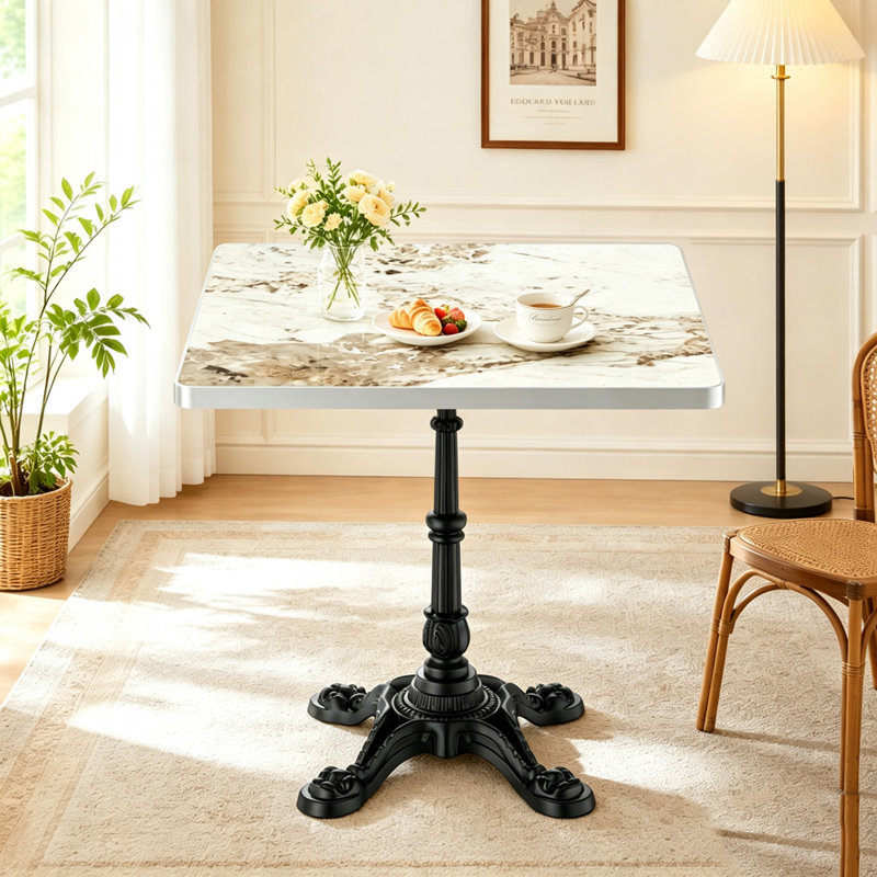 Table carrée tulipe en pierre frittée avec base en fonte, Carré + pierre frittée PDL