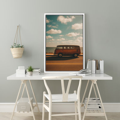 Vintage Coastal Road Trip Van by the Ocean - Pictures Framed Canvas Print Wall Art