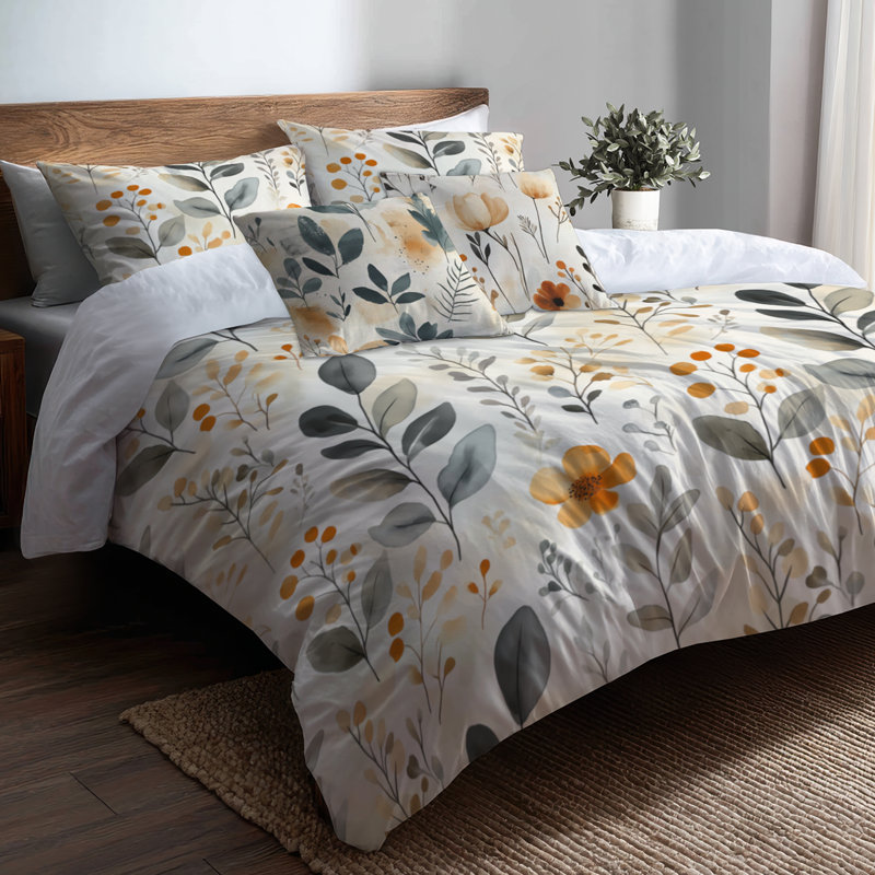 Ensemble d'édredon 6 pièces Boho - Jardin de sable botanique orange avec taies décoratives et coussins décoratifs