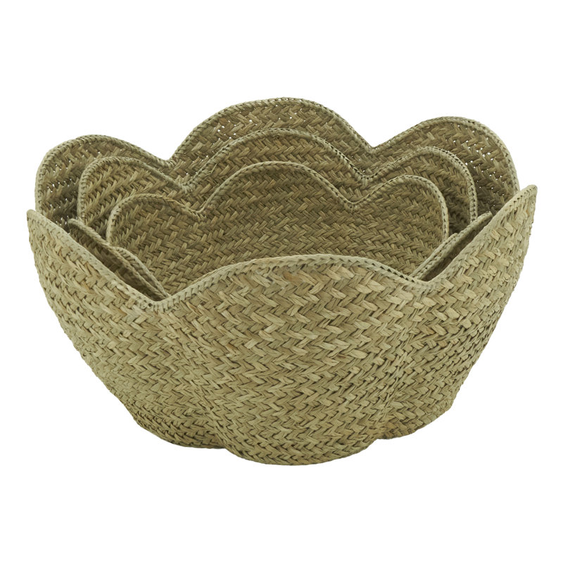Scalloped Seagrass Storage Baskets (Set of 3) – Handwoven Natural Fiber Bowls for Shelves, Countertops & Decorative Organization