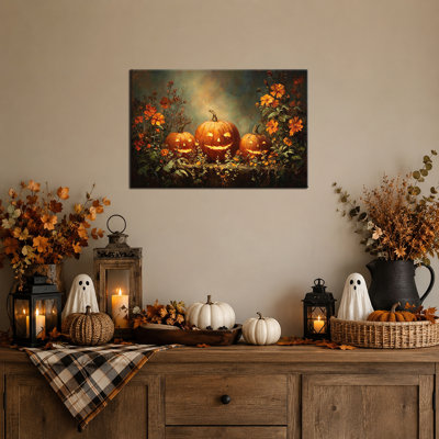 Art mural d'automne d'Halloween, décoration murale de photos d'Halloween, art mural sur toile d'Halloween avec citrouilles et fleurs, art mural citrouille style rustique chaleureux pour le salon ou le vestibule de tous les jours 12 po x 16 po